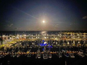 Ein Yachthafen bei Nacht mit vertäuten Booten und hellem Mond.
