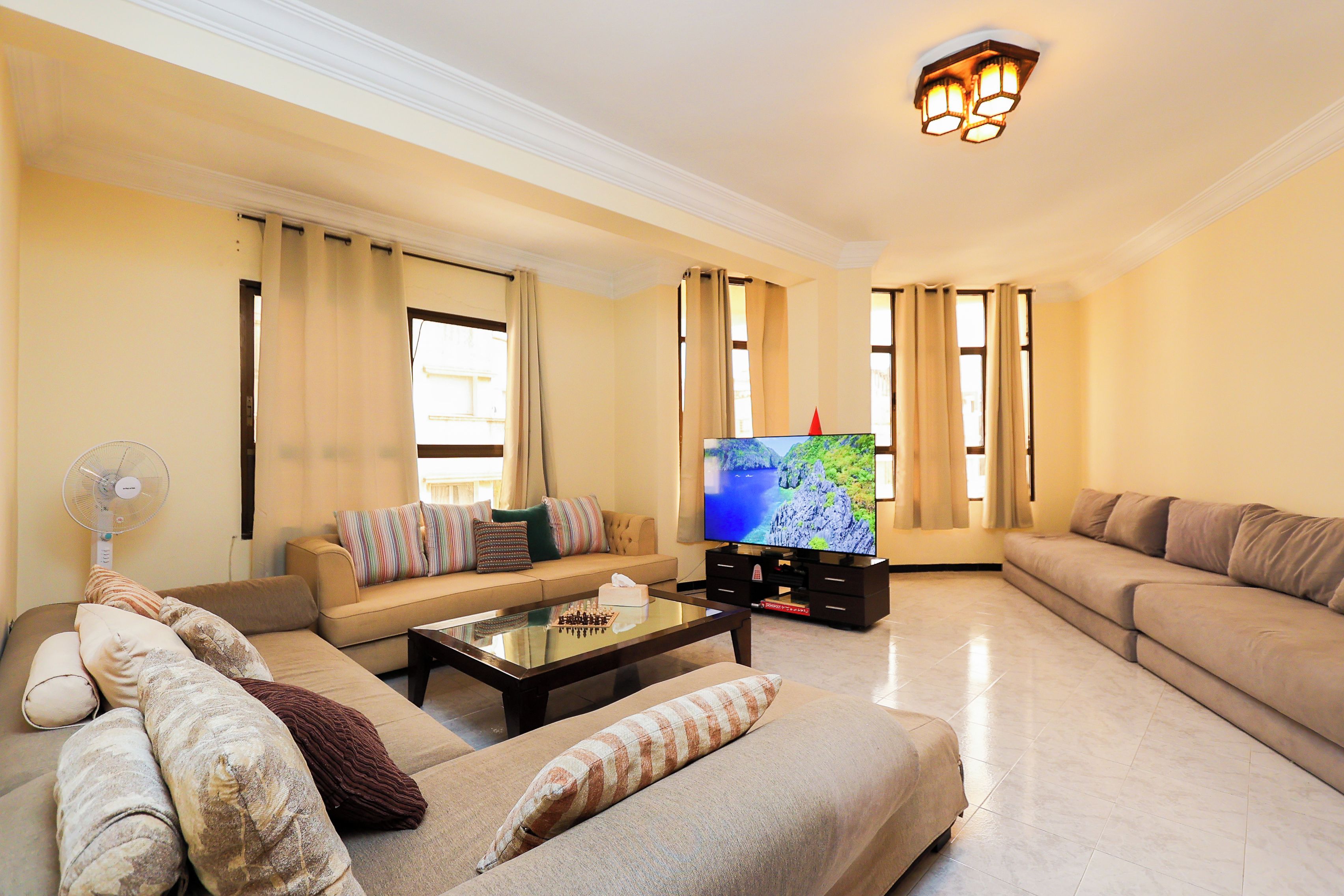 A living room with a sofa, a coffee table, a TV, and a fan.