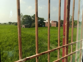 Vista a través de una cerca metálica de un campo verde con edificios al fondo.