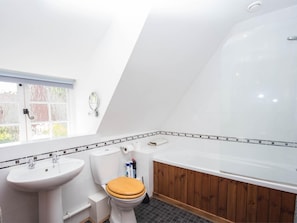 A bathroom with a white sink, toilet, and bathtub. - 2 Bed in Dorchester (oc-dc025) (Chaldon Herring)