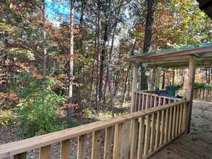 A wooden deck with a railing, surrounded by trees with autumn foliage.