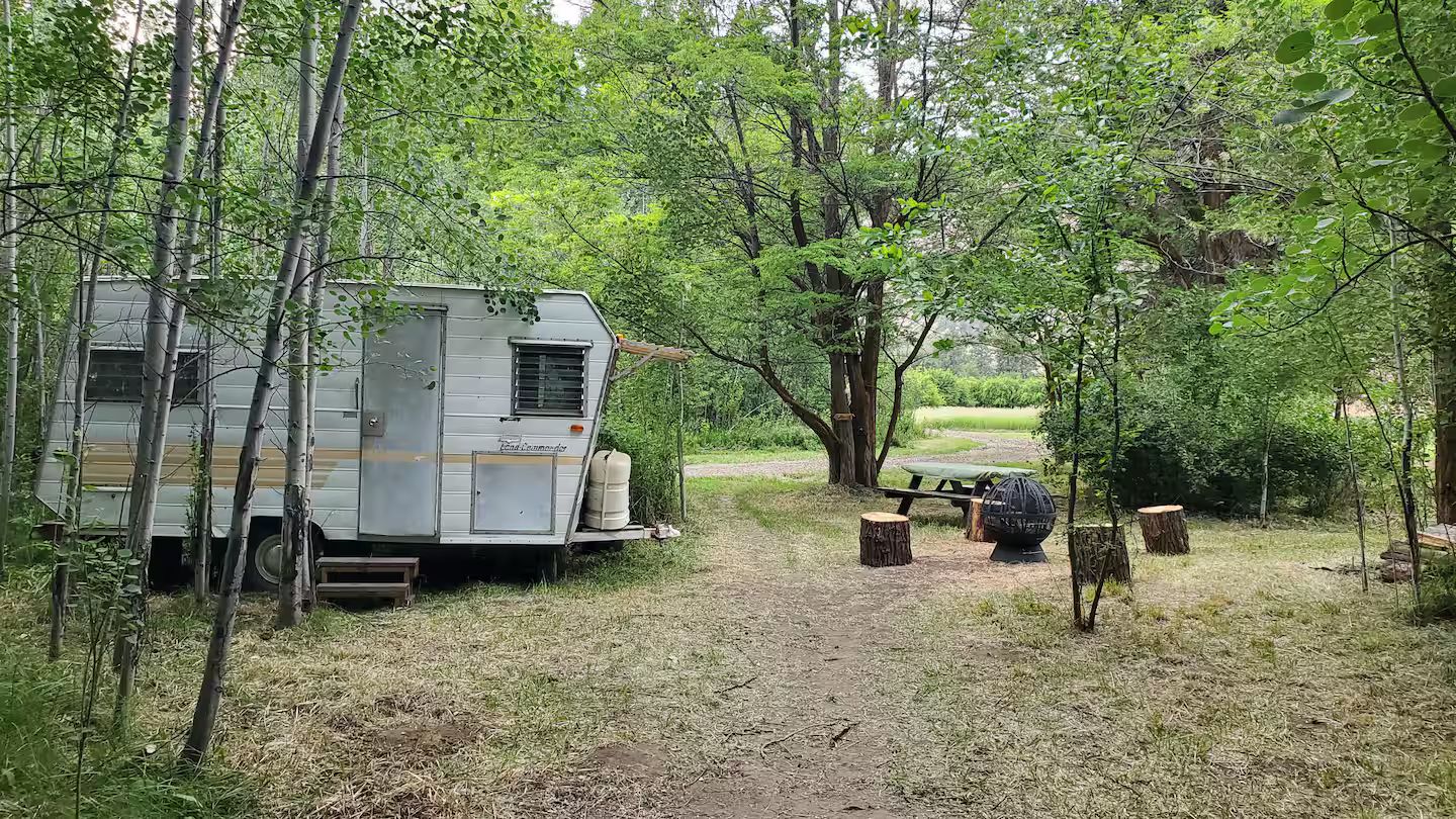 A forested area with a stationary RV and a picnic table.
