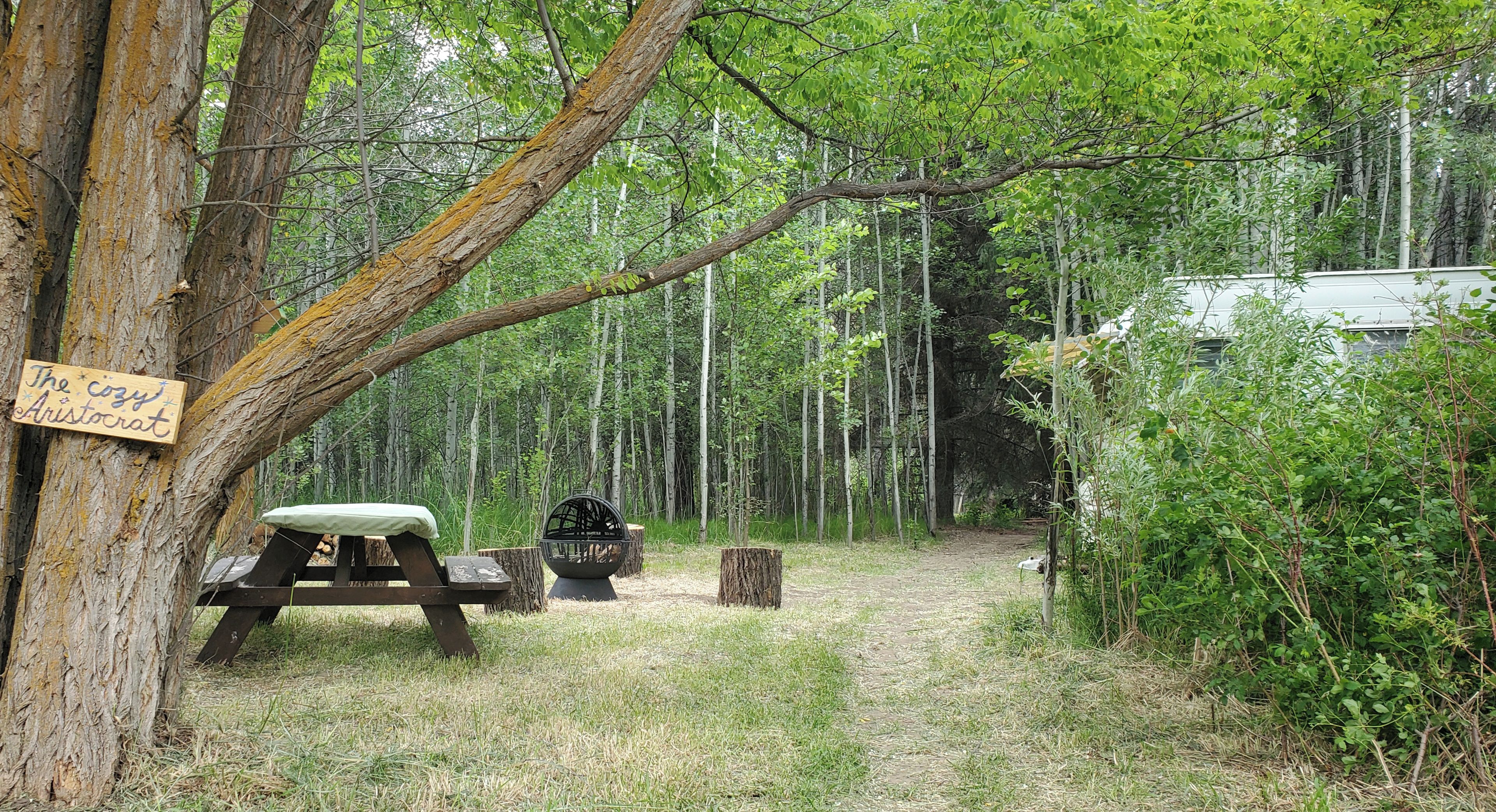 Un terrain de camping rustique avec un panneau en bois, une table de pique-nique et un foyer.