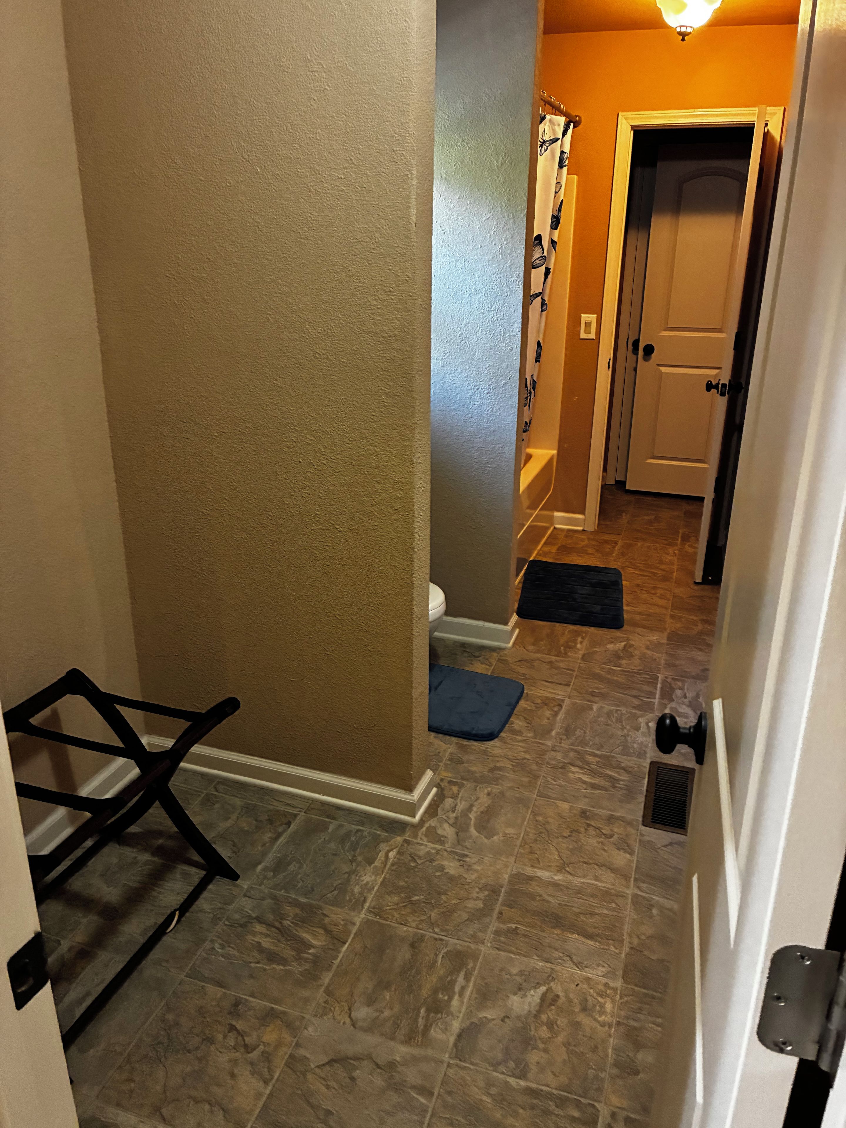 A hallway with a door, a shower curtain, and a mat.
