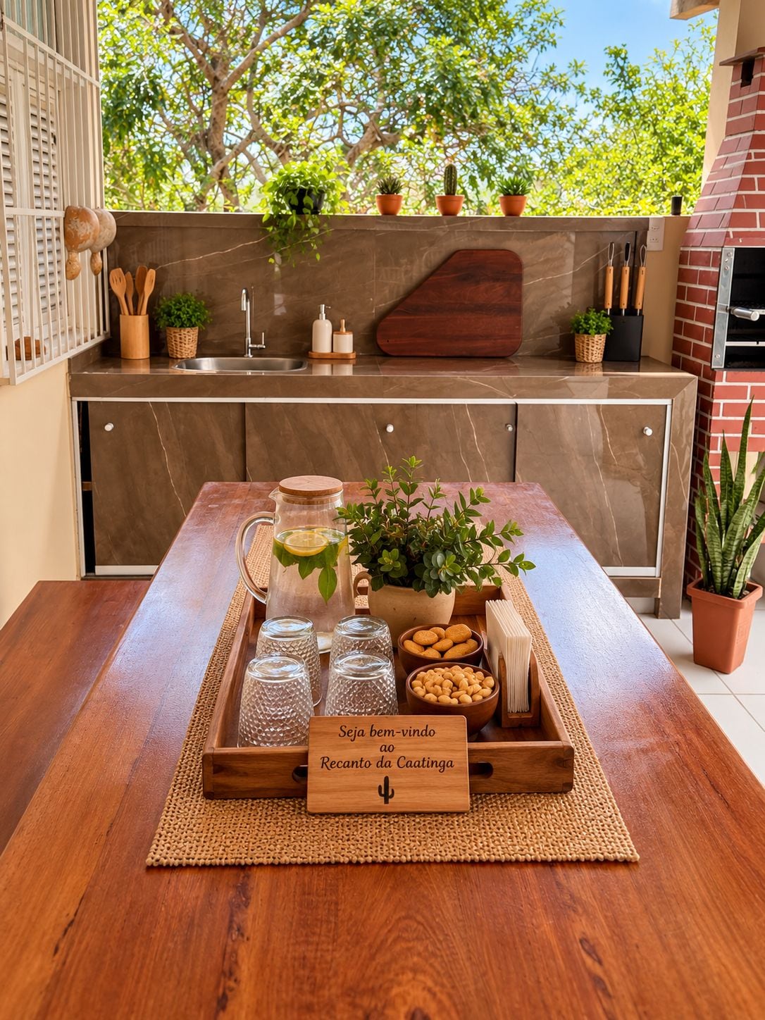 A kitchen with a marble countertop, a wooden table with a tray of food and drinks, and a brick oven.