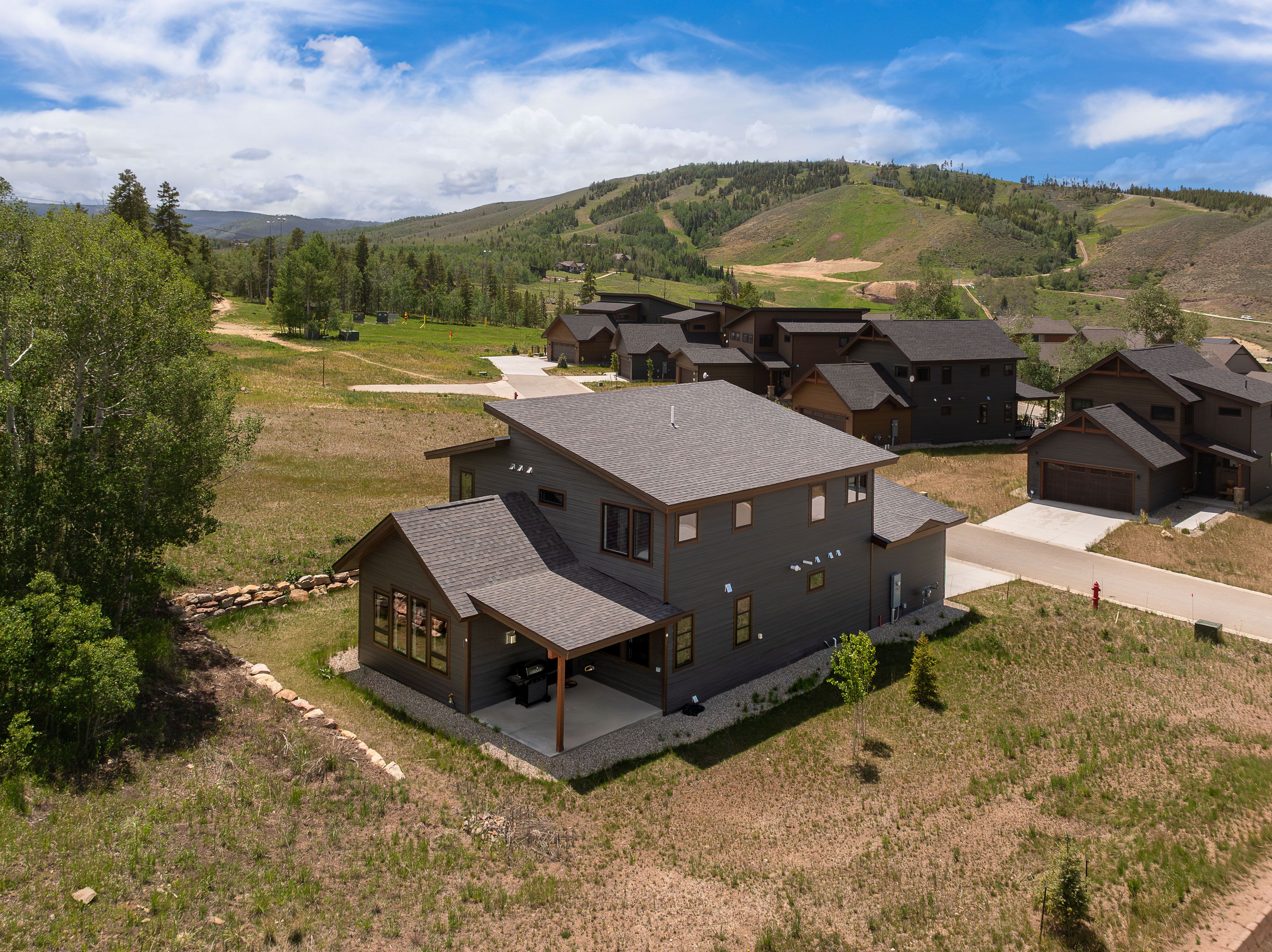A residential area with multiple houses, a driveway, and a hilly landscape in the background.