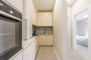 A compact kitchen with a built-in oven, a sink, and a countertop. - Luxurious Panoramic Apartment (Tiranë)