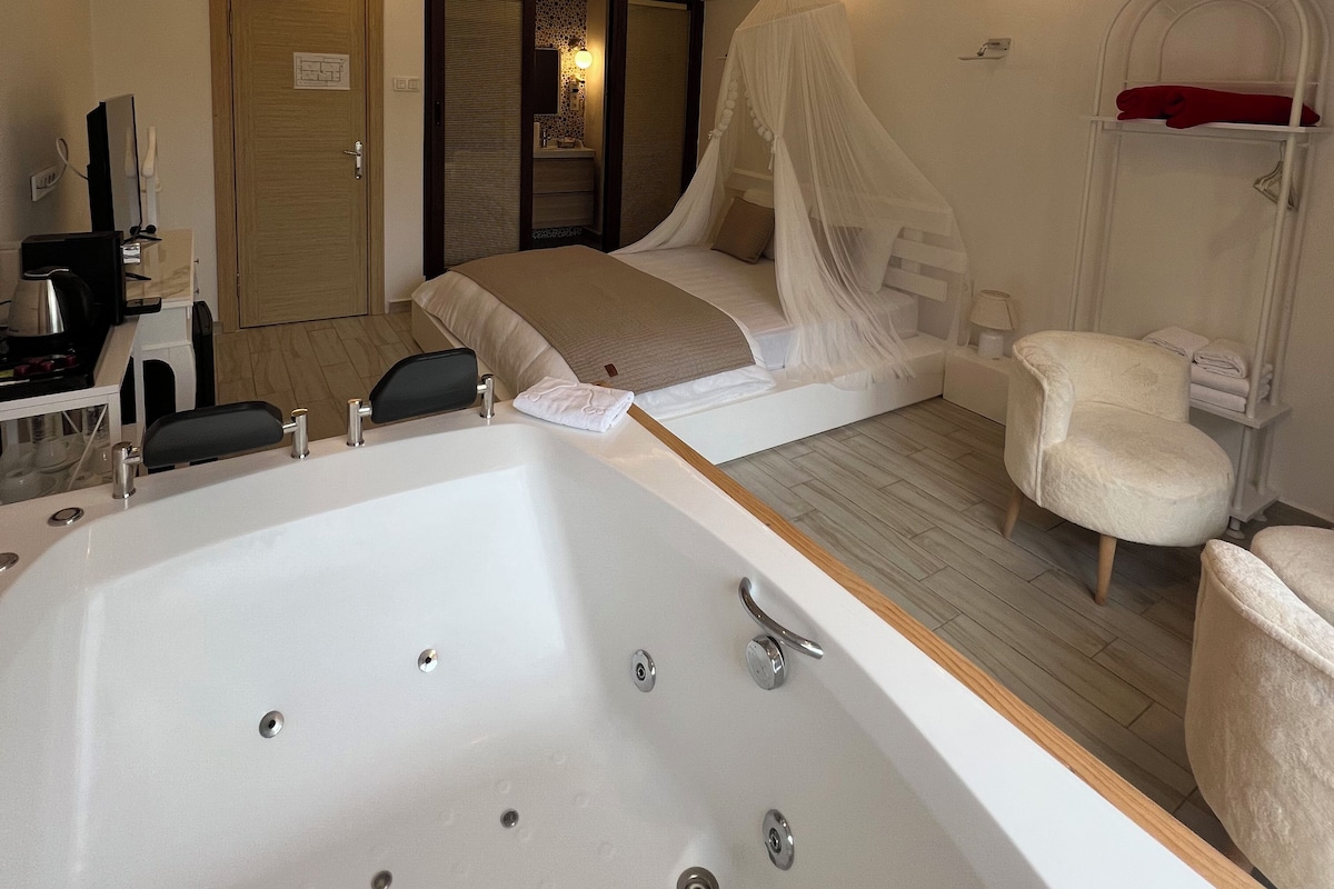 A modern hotel room with a large bathtub, a canopy bed, and a seating area with a chair and a small table.