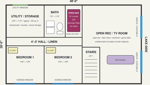A floor plan with a utility/storage area, two bedrooms, a bathroom, an open rec/TV room, and a hall/linen area. - Lake Gogebic Chalet at Cabin Creek (MARENISCO)