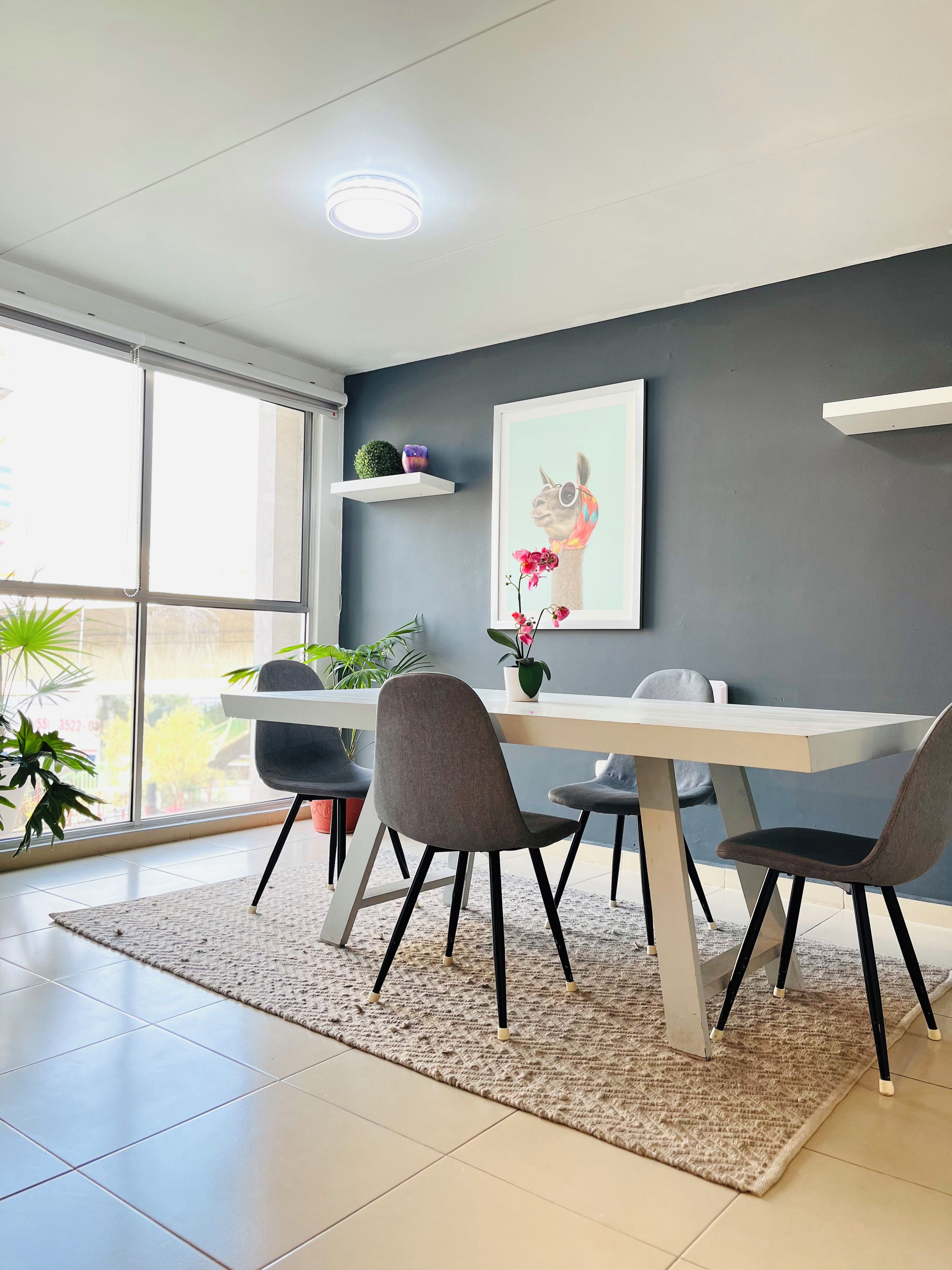 Un coin repas comprenant une table, des chaises, un tapis, une plante en pot et un tableau encadré accroché au mur.