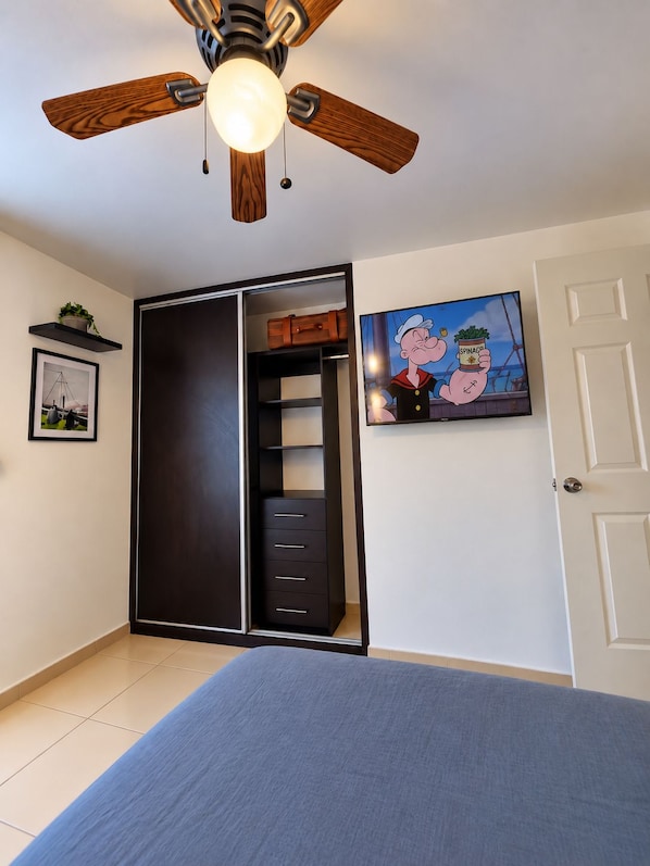 A bedroom with a bed, a ceiling fan, a wardrobe, a door, and a framed picture on the wall.