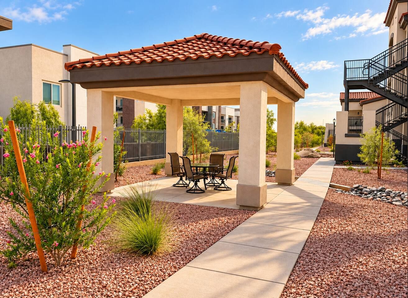 A covered outdoor seating area with a patio table and chairs, surrounded by a gravel path and small plants.