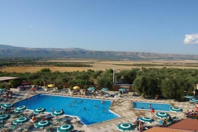 A pool area with multiple pools and lounge chairs, surrounded by trees and a view of distant mountains.