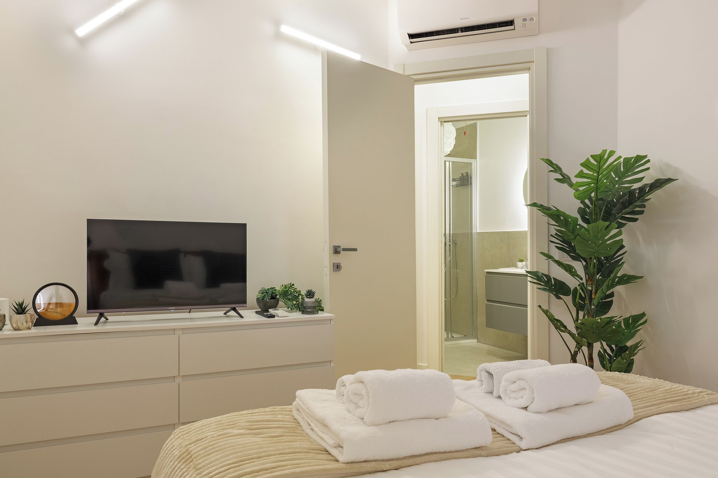Habitación de hotel con cama, televisor, baño con ducha y una planta en maceta.