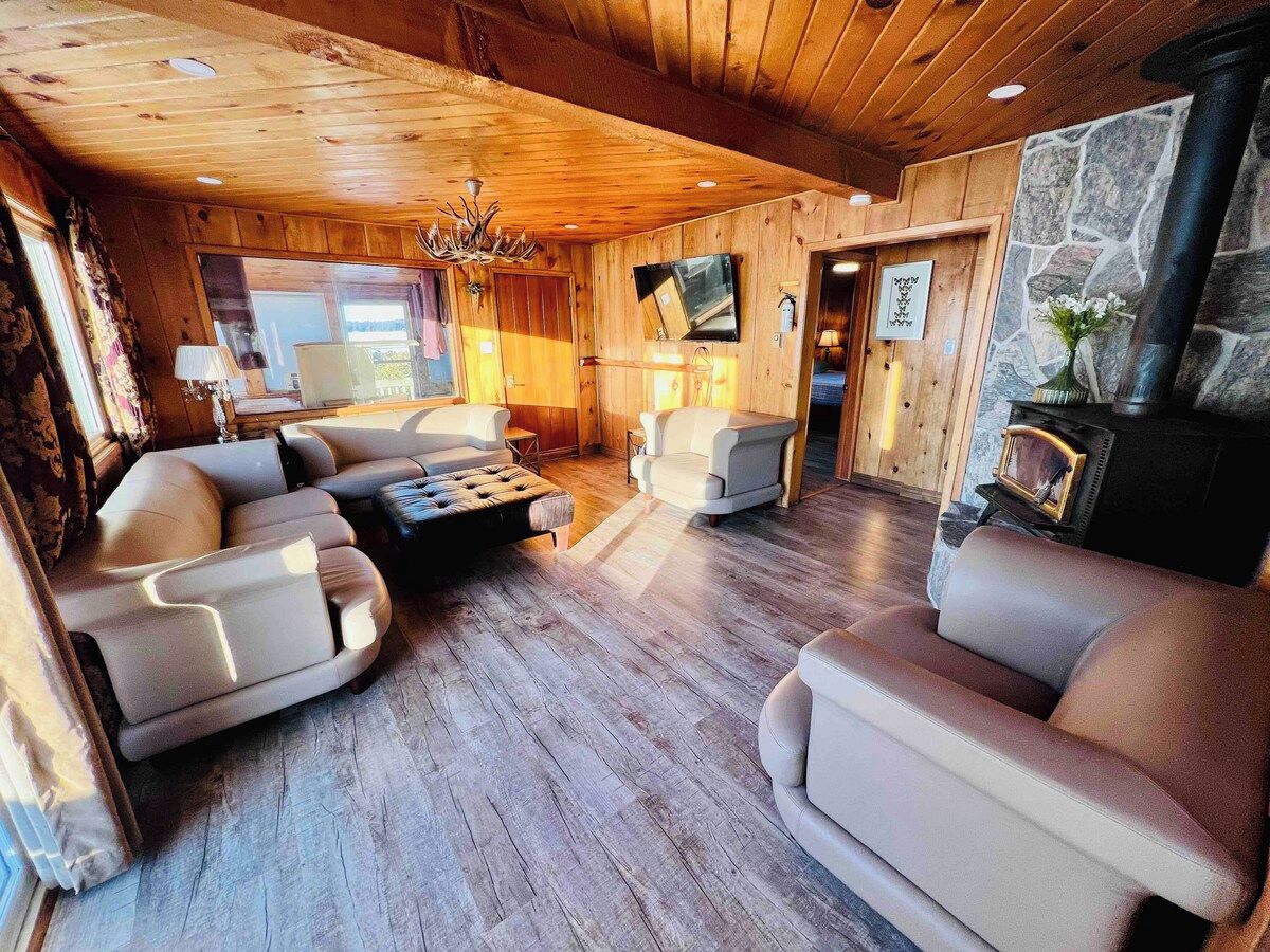 A cozy interior with a wooden ceiling, a fireplace, and a seating area with sofas and a coffee table.