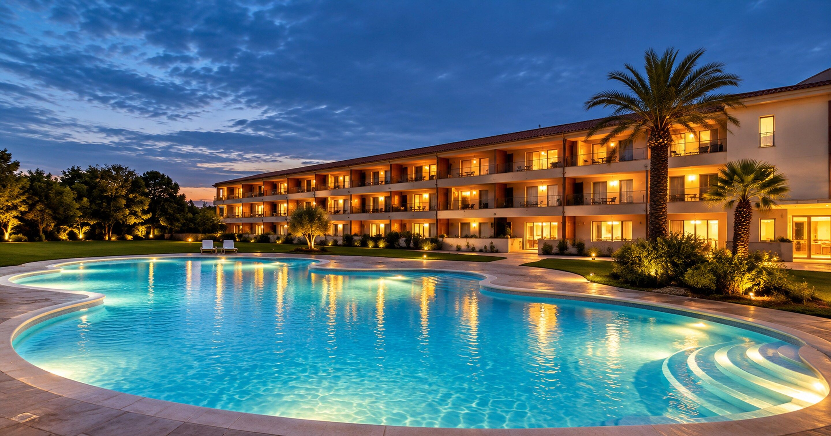 Hotel amb piscina, diversos balcons i façana ben il·luminada.