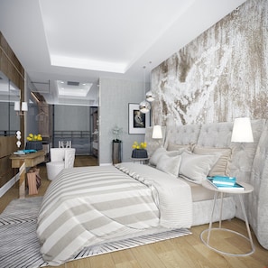 A modern bedroom with a large bed, bedside tables, a mirror, and a view into the adjacent bathroom. - Test for Test 14 (Bornova)