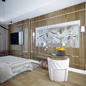A modern bedroom with a large bed, a desk with a chair, a flat-screen TV, and a decorative wall piece. - Test for Test 14 (Bornova)
