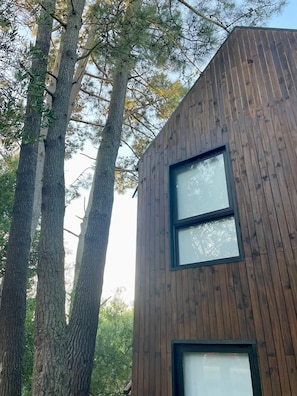 A modern building with wooden siding and two visible windows. - Villa Mora (Punta Colorada)