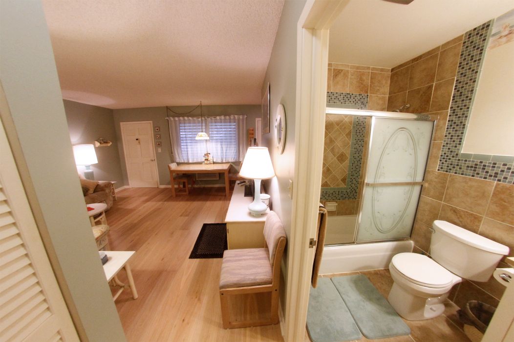A compact living space with a dining area, a small kitchenette, and a bathroom with a shower.