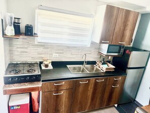 A compact kitchen with a gas stove, a sink, cabinets, a microwave, and a refrigerator. - Romantic King Studio w/ Private Jacuzzi Palm beach (Noord)