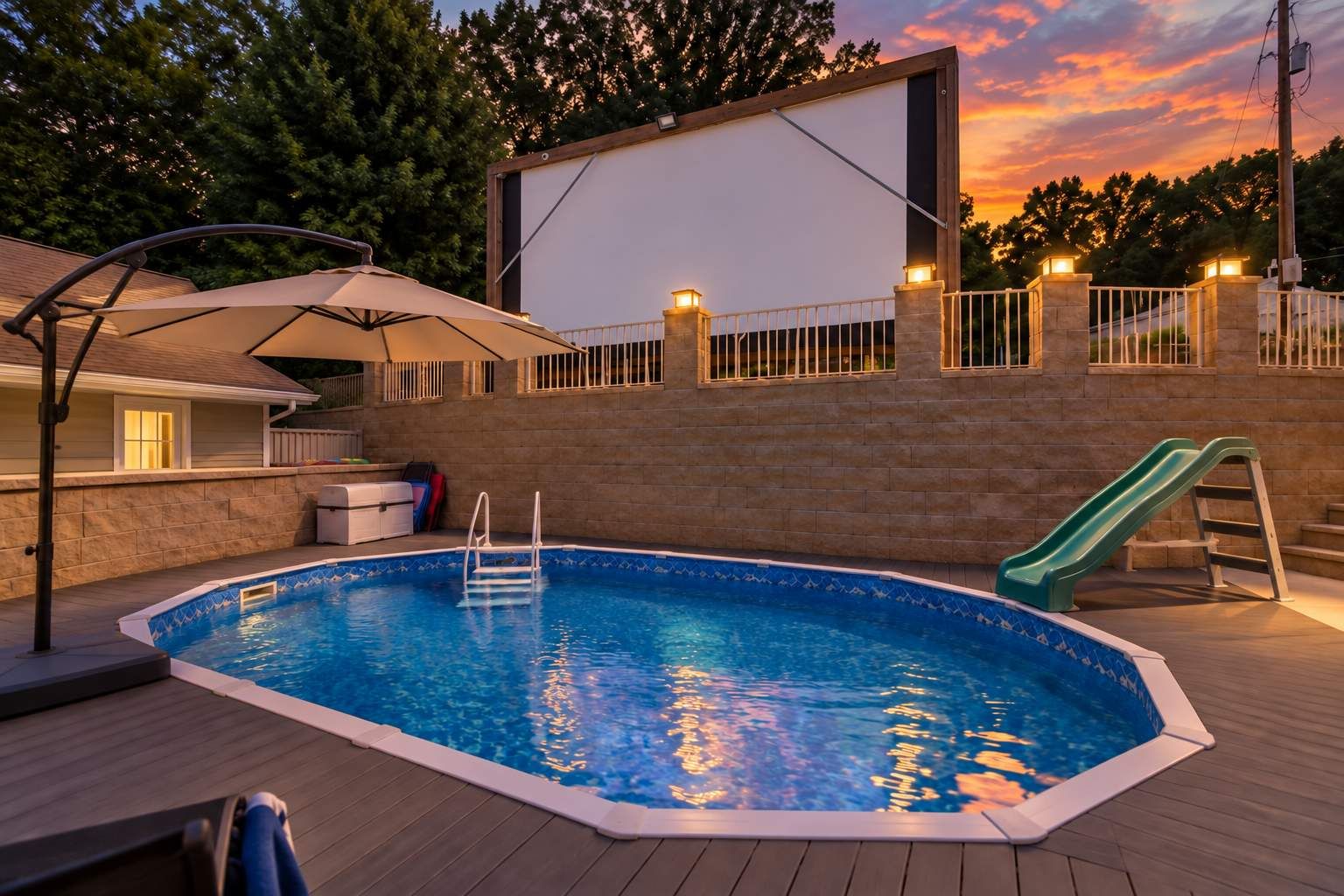 A swimming pool with a slide, a covered seating area, and a view of the sunset.
