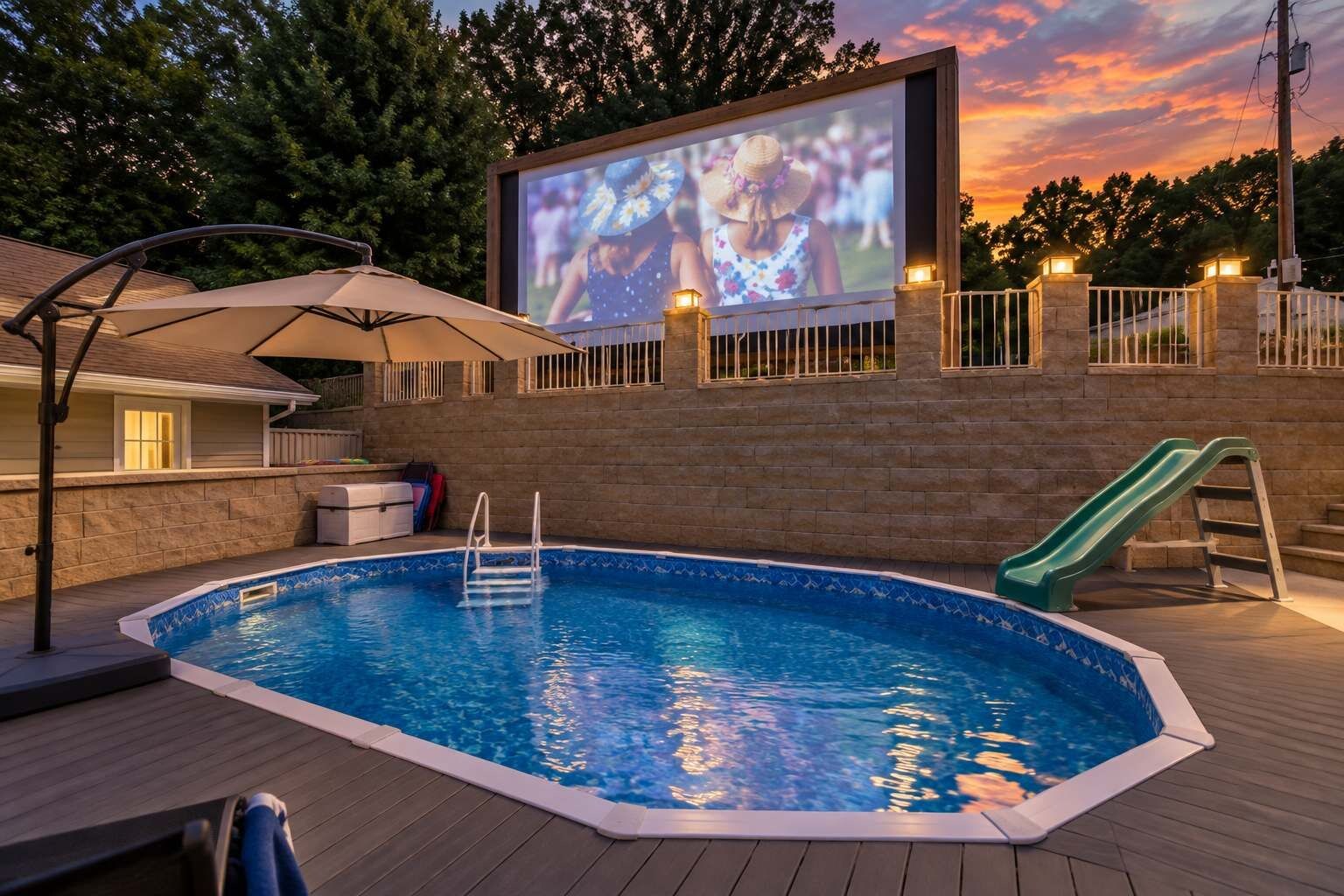 A backyard with a swimming pool, a slide, a projector screen, and a deck.