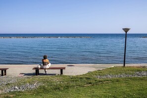 Eine Person sitzt auf einer Bank in der Nähe von Wasser, einer Straßenlaterne und einem gepflasterten Gehweg.