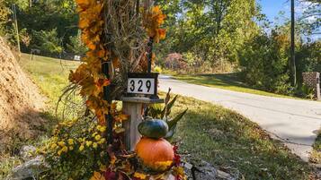 A roadside sign with the number 329, surrounded by autumn foliage and a decorative pumpkin.
