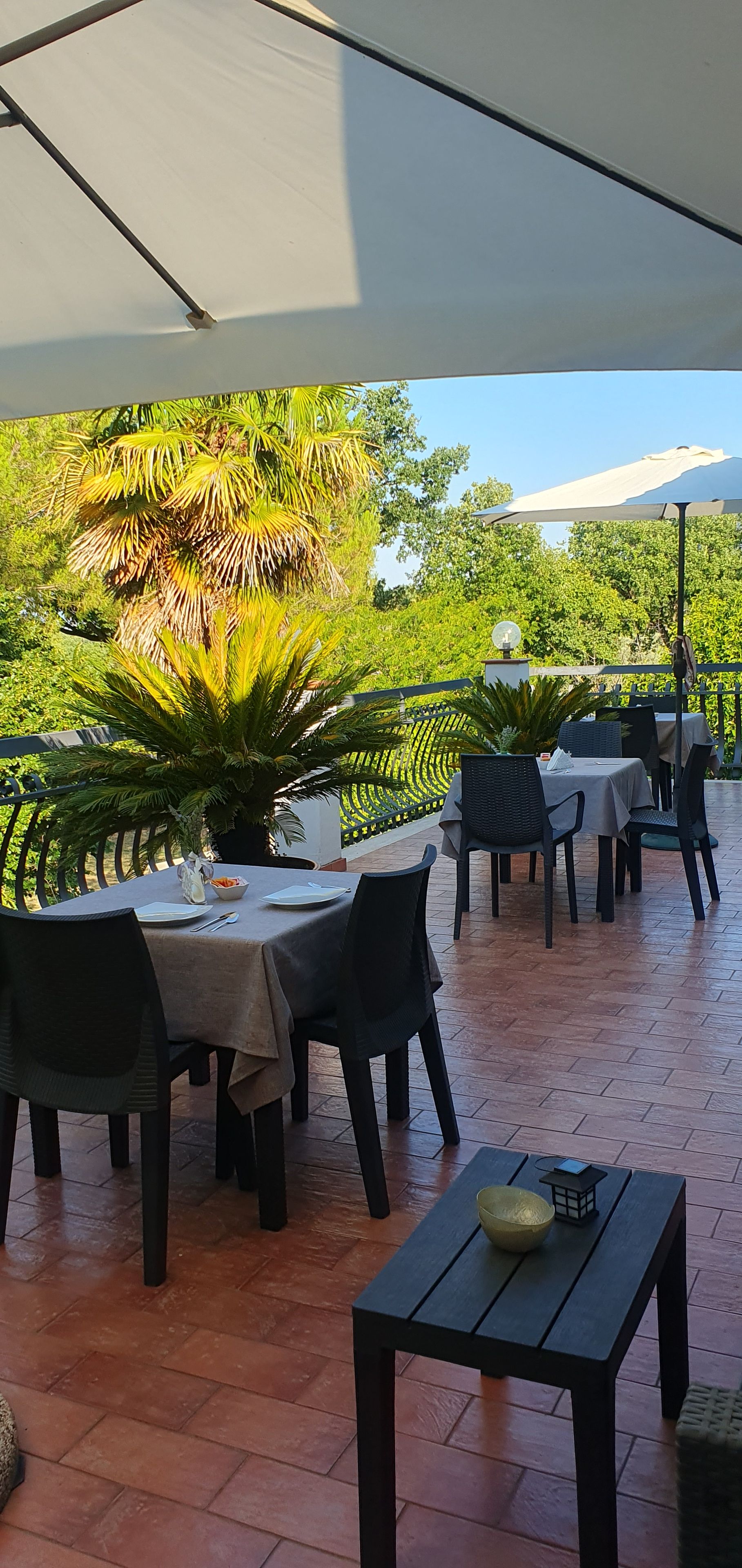 Un'area pranzo all'aperto con tavoli e sedie, vista su piante e pavimento piastrellato.