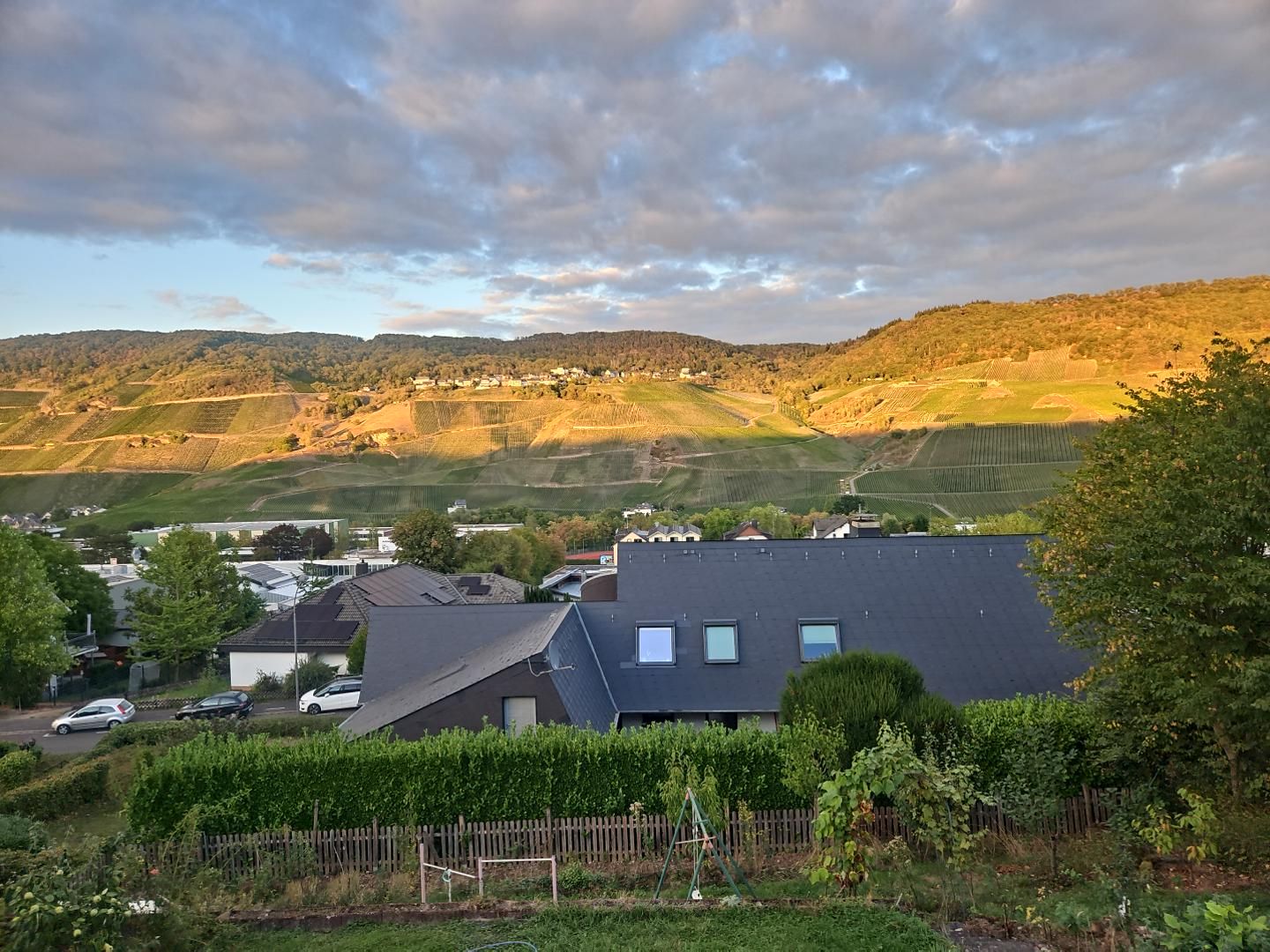 Un quartier résidentiel avec des maisons, un vignoble et, au loin, un paysage vallonné.