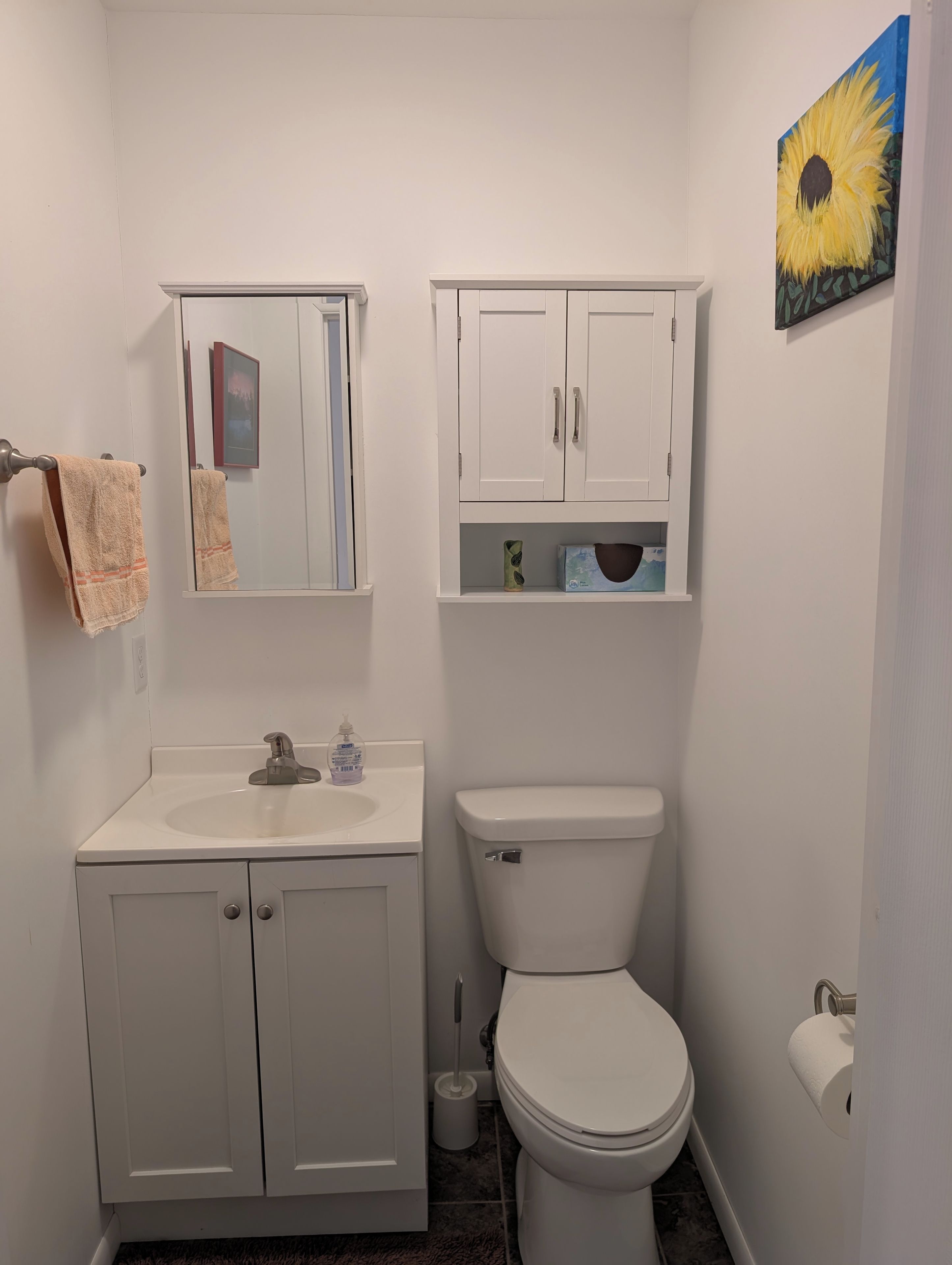 Un baño con inodoro, lavabo, armarios y espejo.