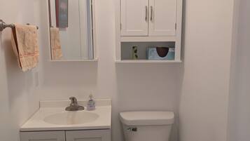 Un baño con inodoro, lavabo, armarios y espejo.