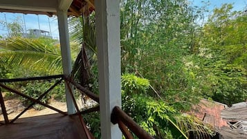A wooden deck with a railing, surrounded by lush greenery and trees.