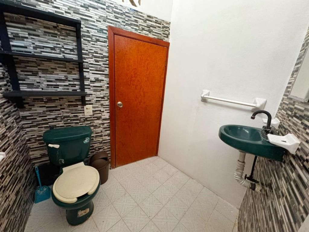 A bathroom with a toilet, a sink, and a shower area.