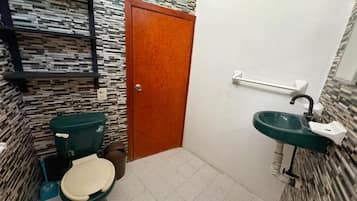 A bathroom with a toilet, a sink, and a shower area.