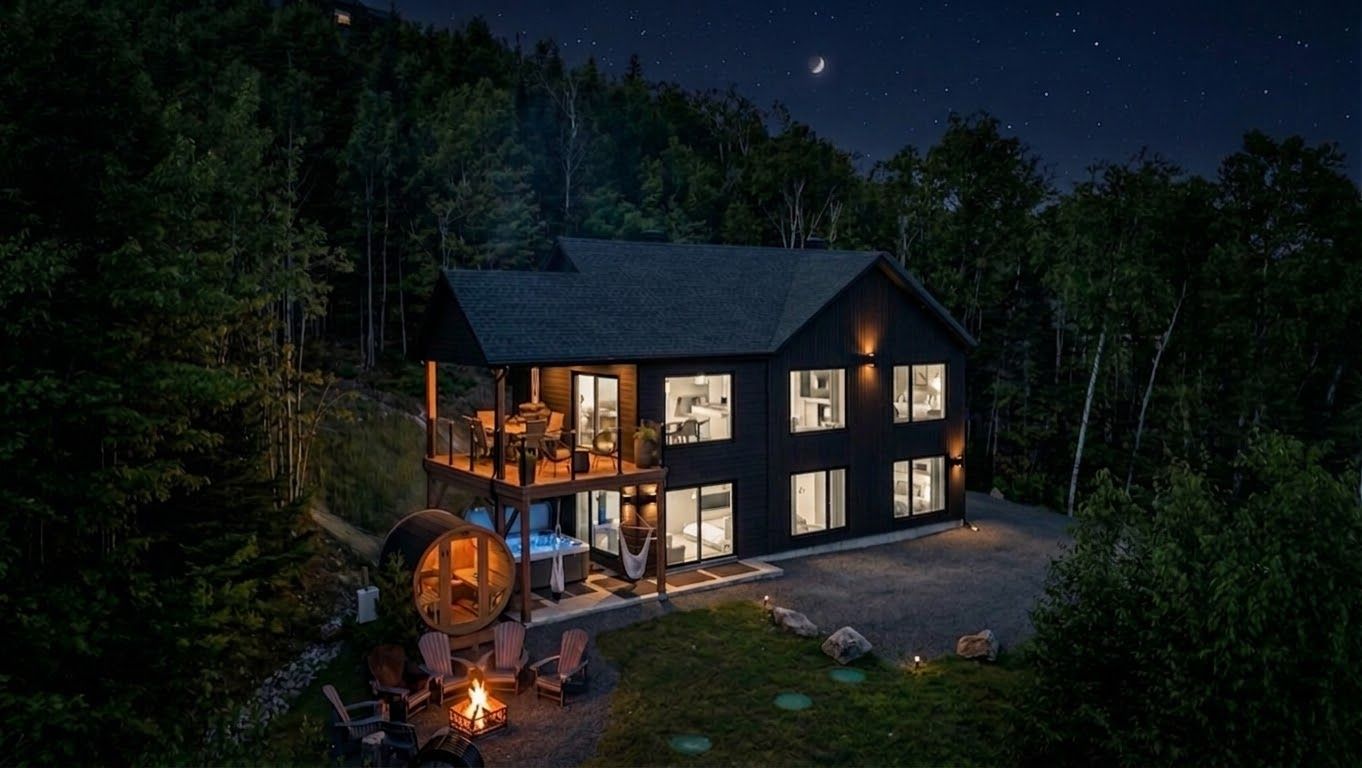 A modern two-story cabin with a deck, surrounded by forest.