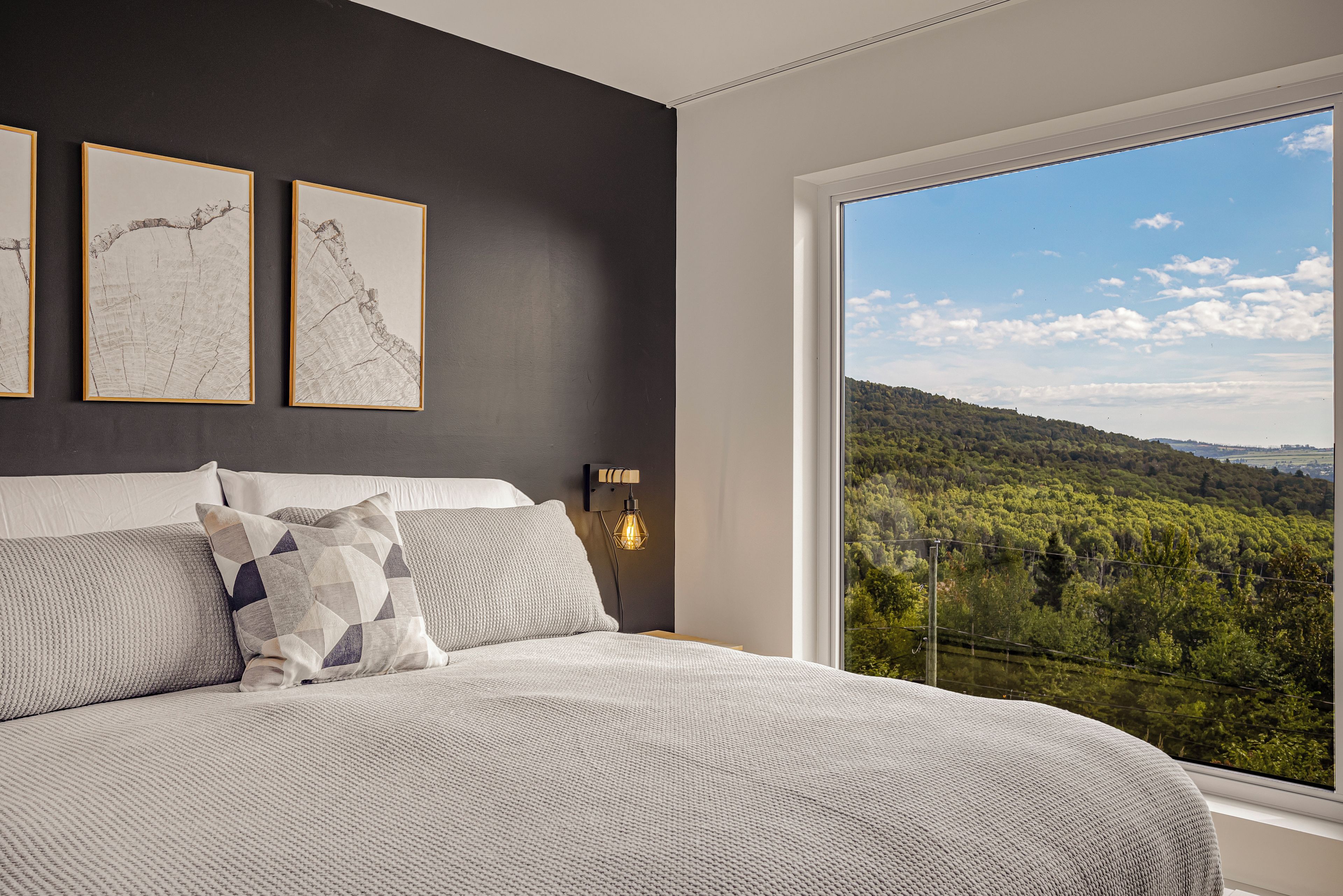 A bedroom with a large bed, two framed artworks on the wall, a nightstand with a lamp, and a window with a view of a forested landscape.