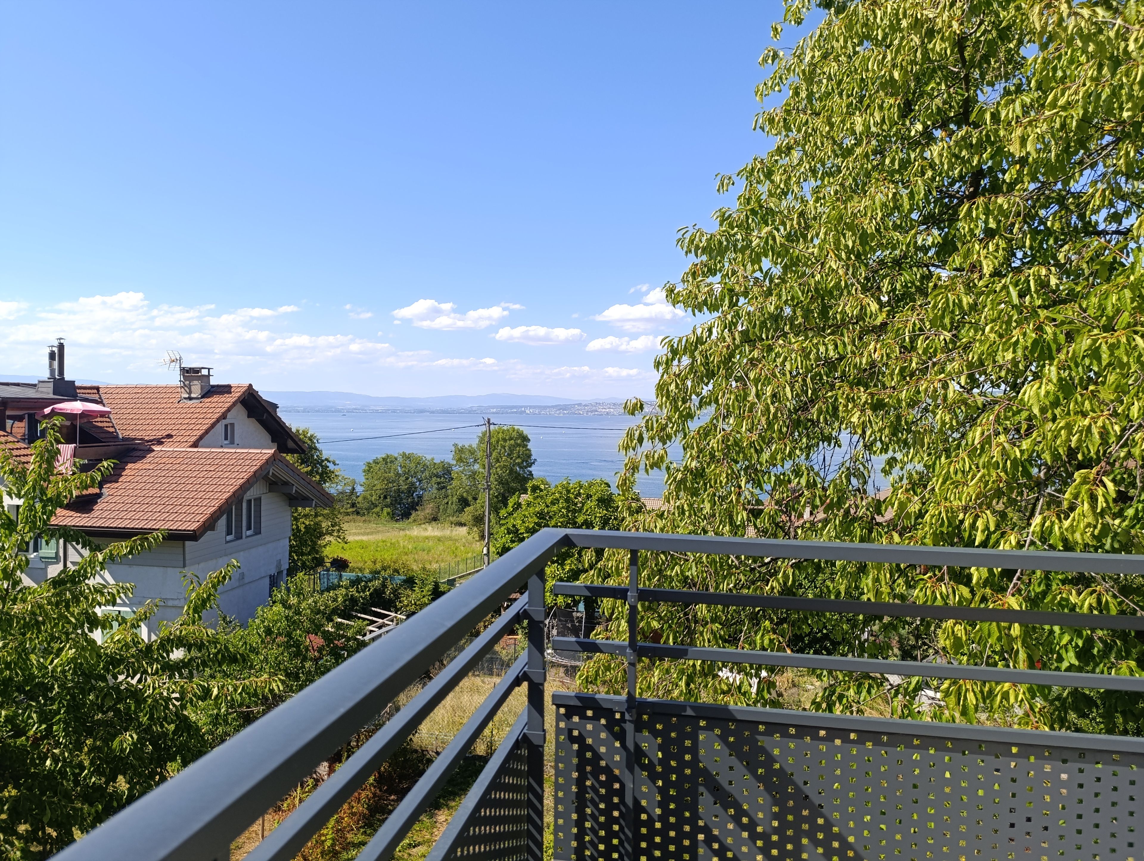 Et boligområde med huse, et metalhegn og udsigt til vand.