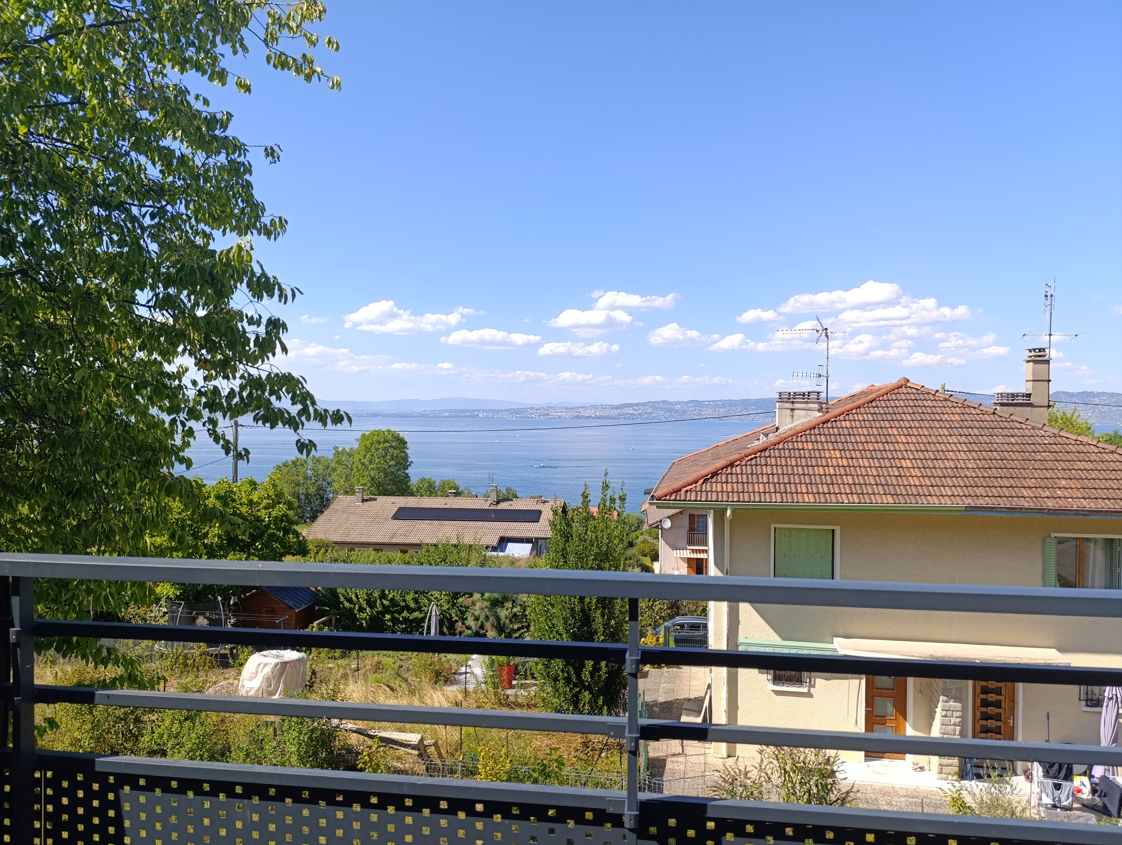 A residential area with houses, a clear sky, and a body of water in the distance.