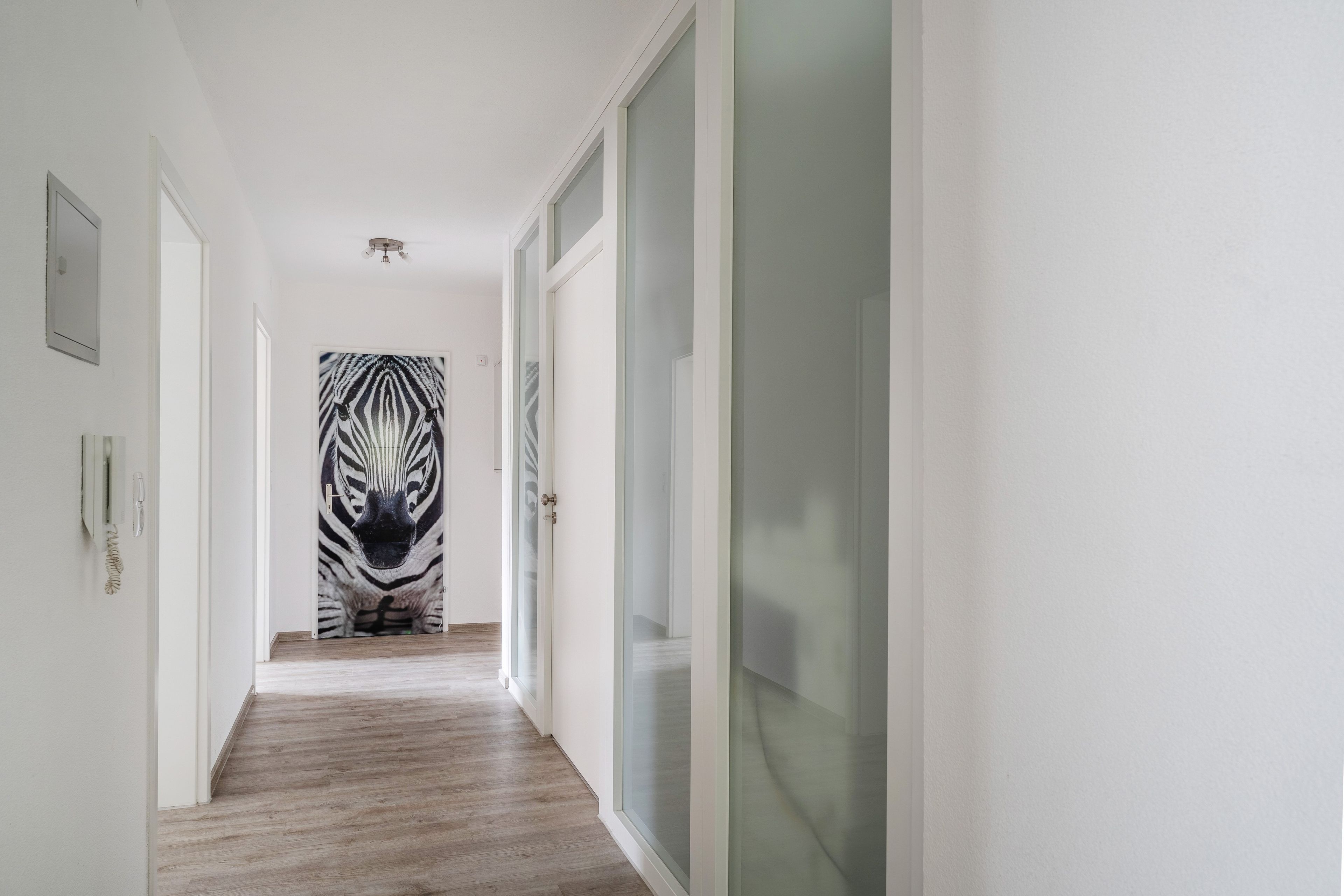 Ein Flur mit einem Zebra-Wandgemälde, Holzböden und weißen Wänden.