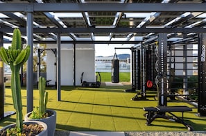 Zona de gimnasio al aire libre con equipo de ejercicio, un saco de boxeo y plantas en macetas.