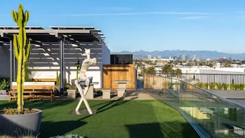 A rooftop terrace with artificial grass, a cactus, a wooden bench, and a sculpture.
