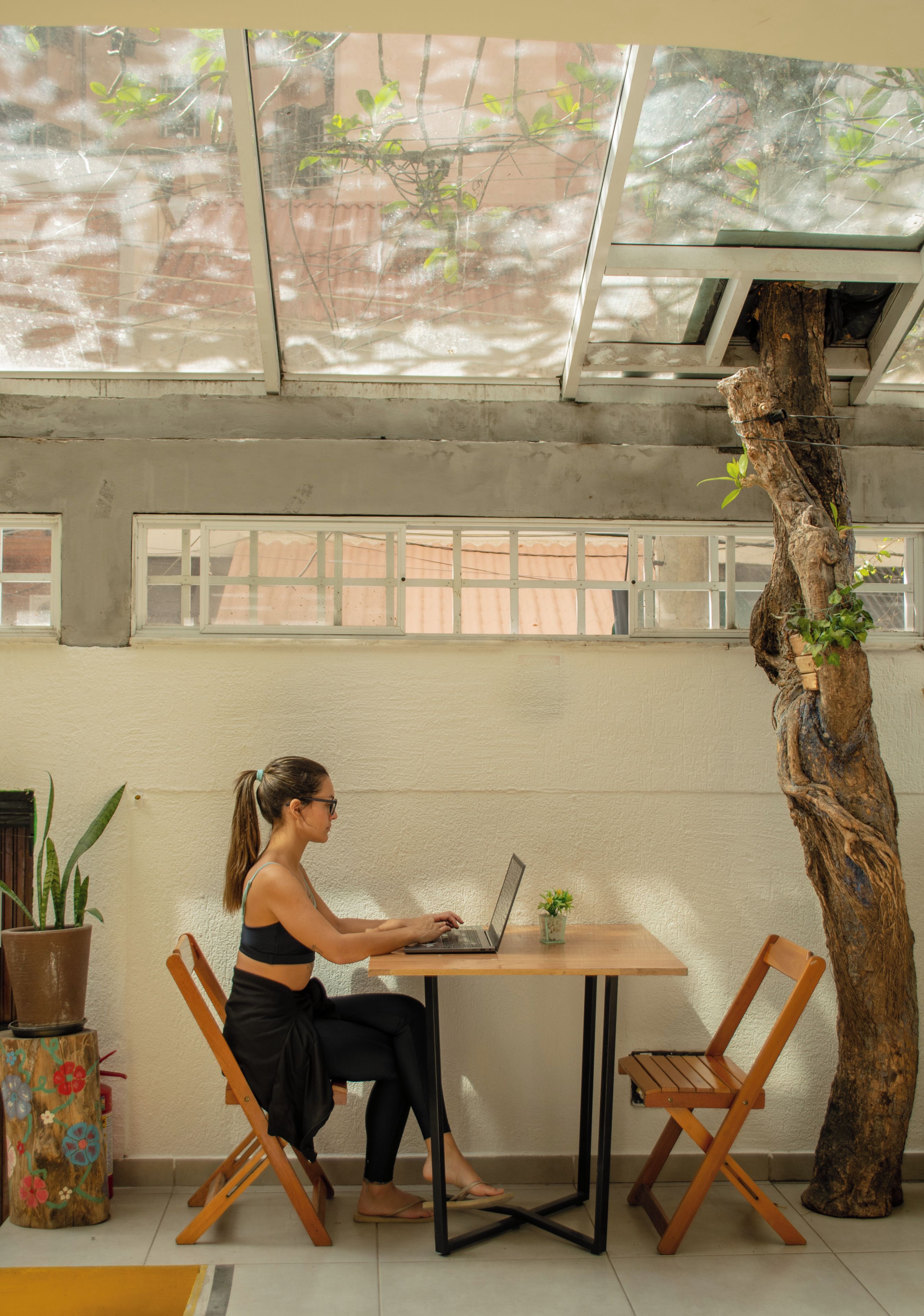 Une personne travaille à une table avec un ordinateur portable, entourée de plantes et d’un tronc d’arbre.