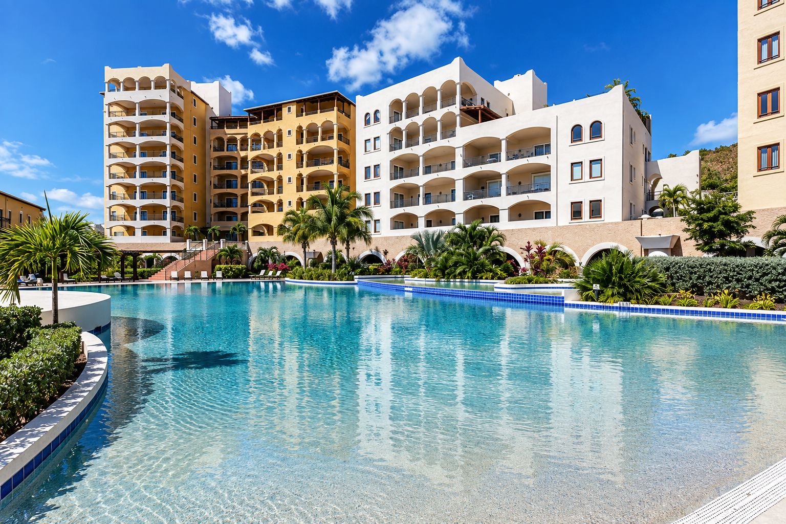 A hotel with a large pool, multiple balconies, and a clear blue sky.