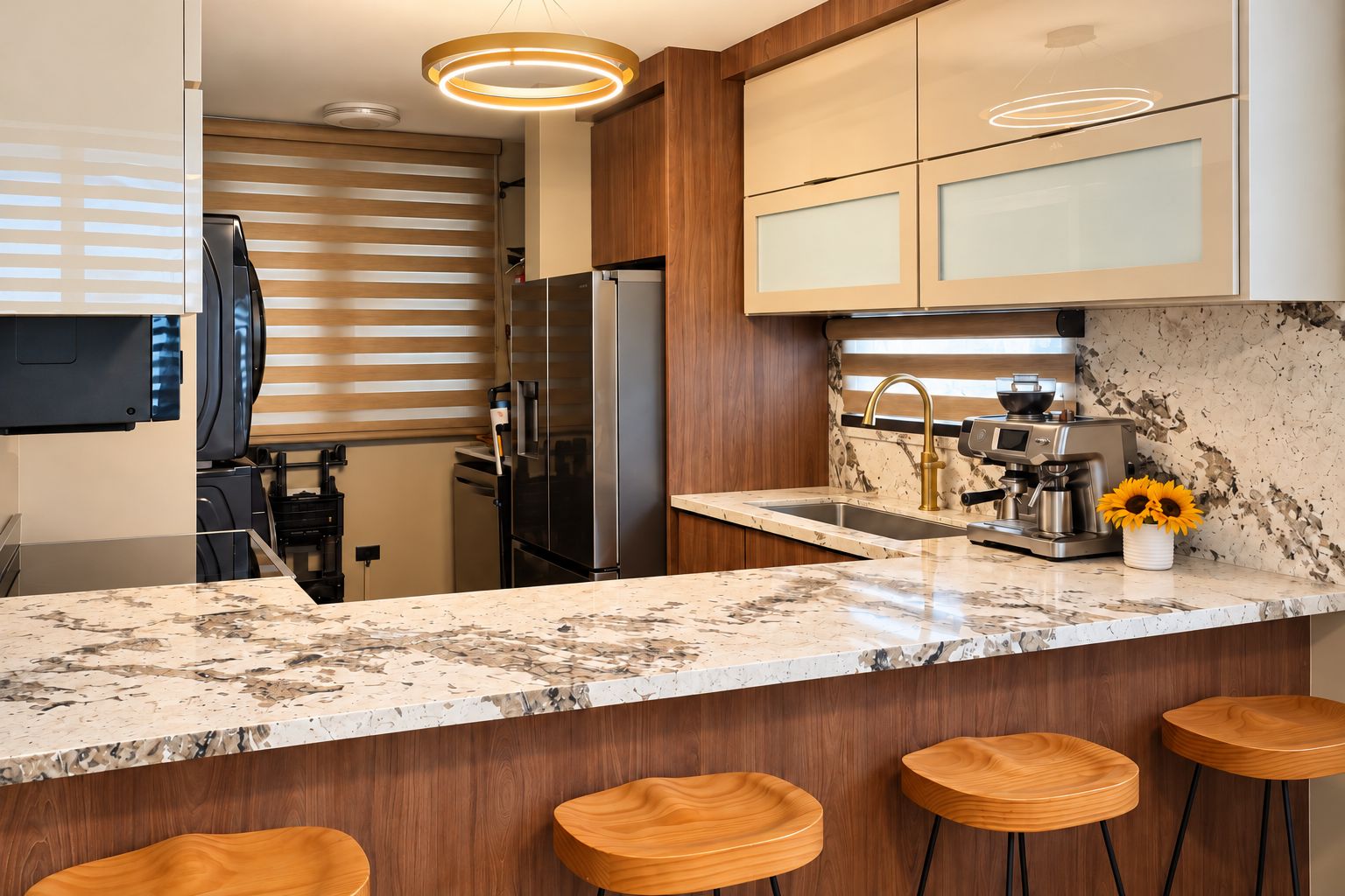 Une cuisine moderne dotée d’un plan de travail en marbre, d’appareils électroménagers en acier inoxydable, d’armoires en bois et d’un coin bar avec des tabourets.