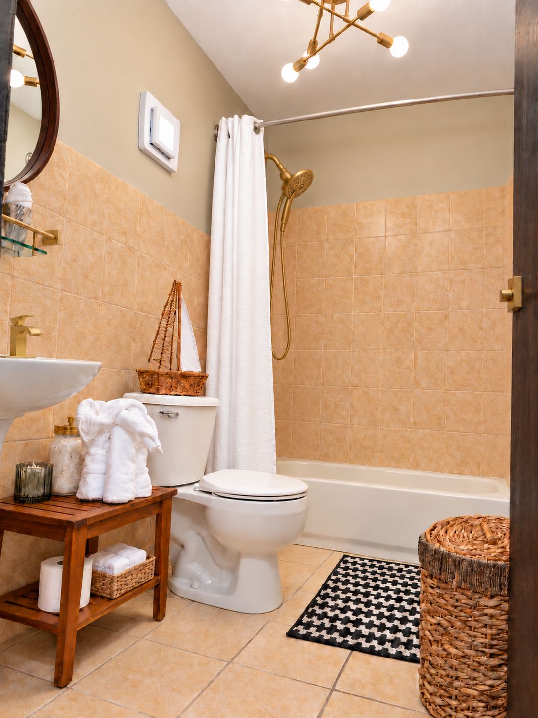 A bathroom with a toilet, sink, and shower. There is a wooden stool with towels and a basket.