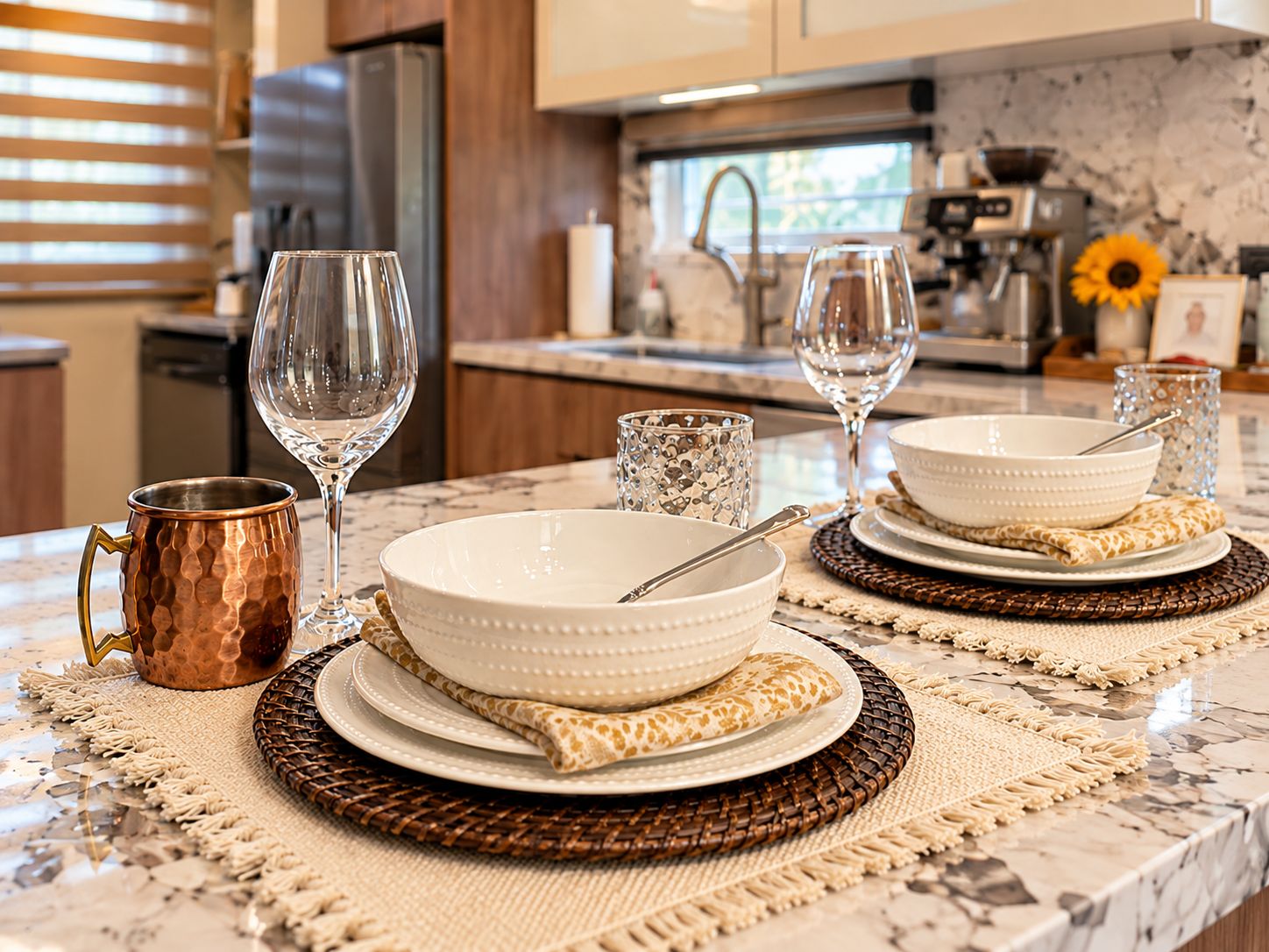 A kitchen counter with two white bowls, a copper mug, and two wine glasses.