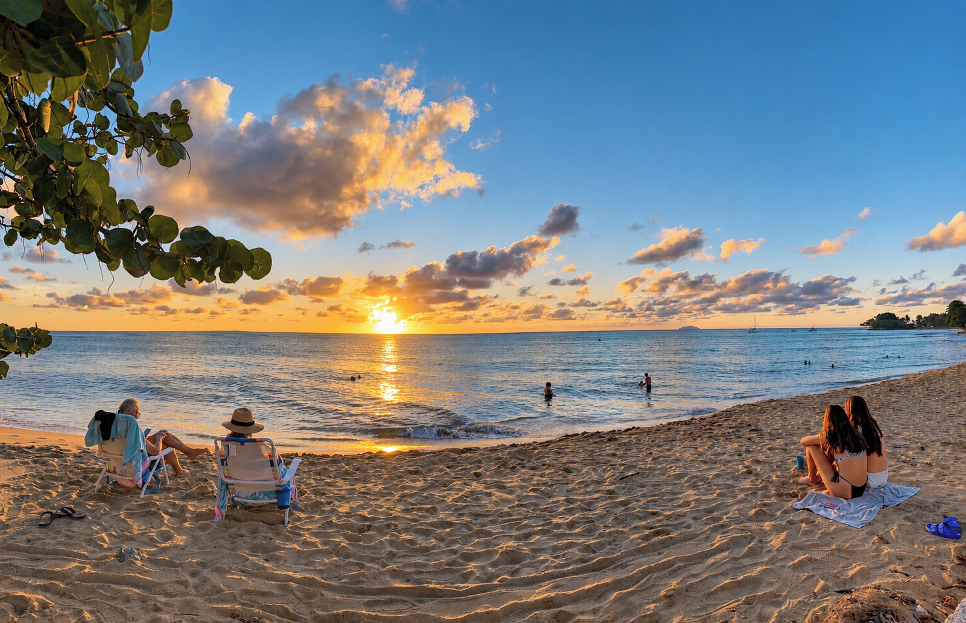 A beach scene with people relaxing on the sand, a sunset in the background, and a calm sea.