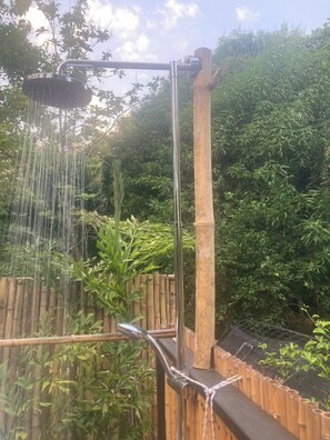 A showerhead with water flowing down, surrounded by bamboo and greenery.